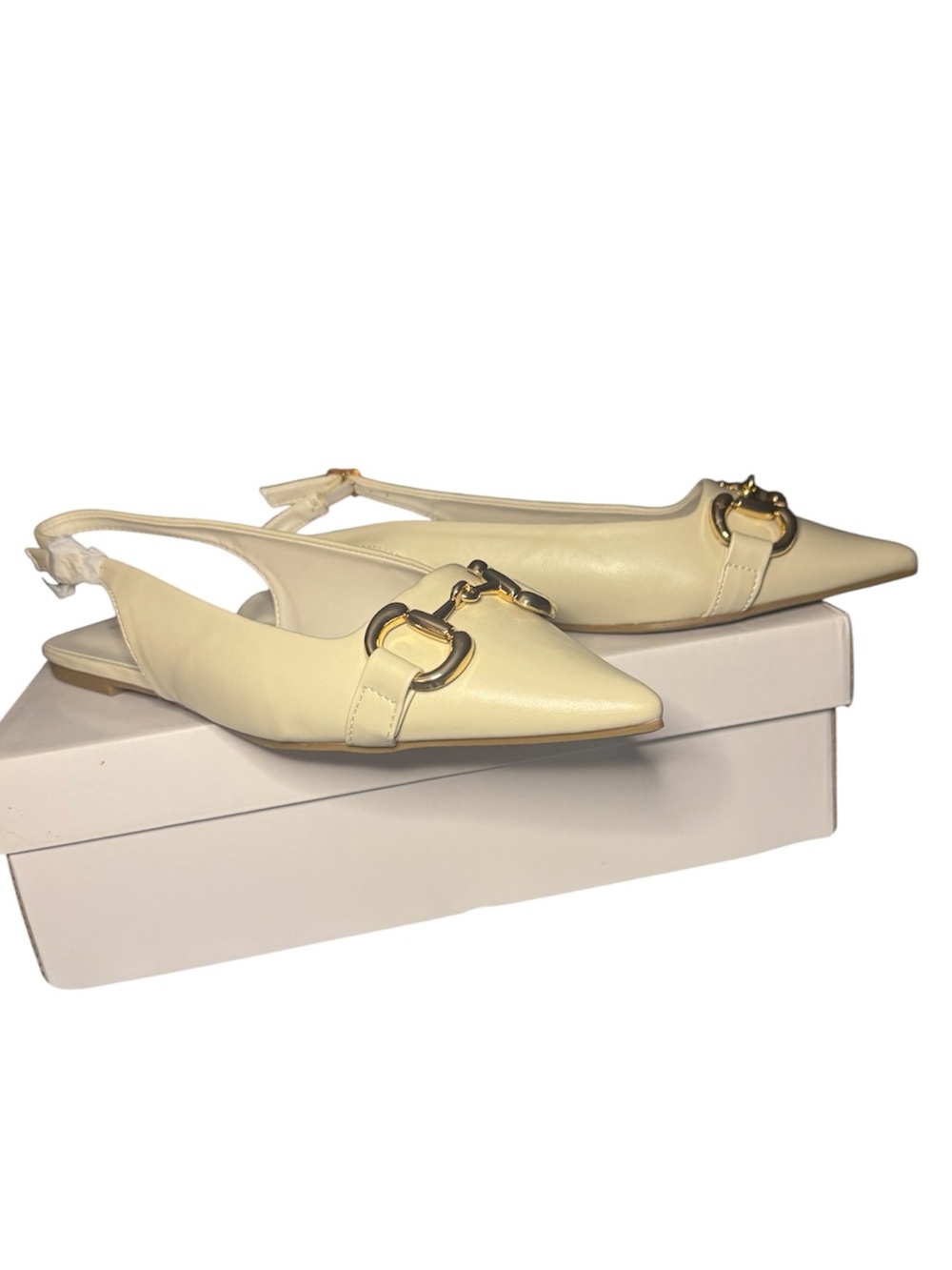 Bamboo Pointed Slingback Flats with Gold Buckle - Cream